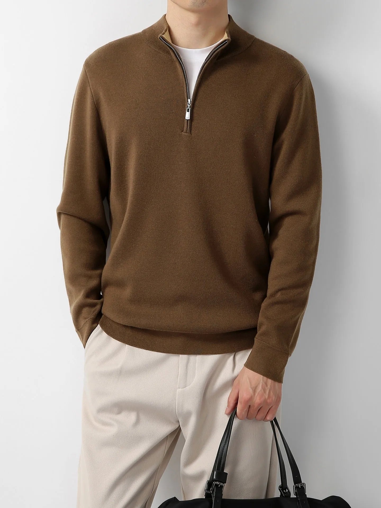 Men's merino wool zip stand collar sweater in regular fit, long sleeves, available in multiple colours