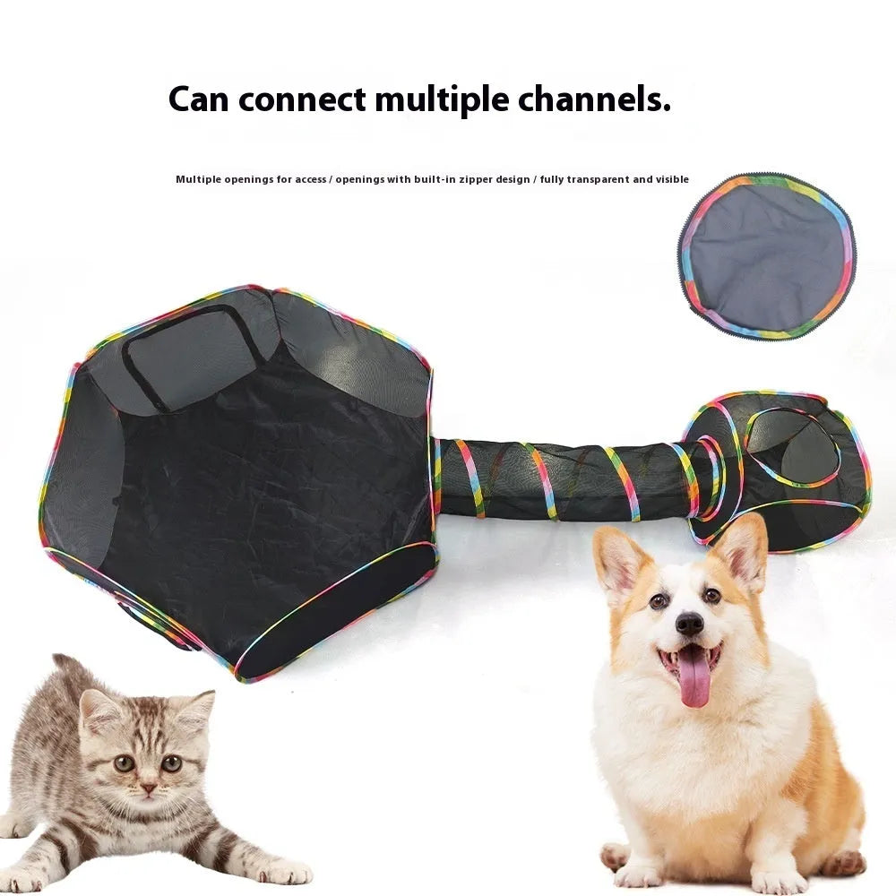 Foldable mesh cat cage showing hexagonal, square, tent, tee and long straight style options