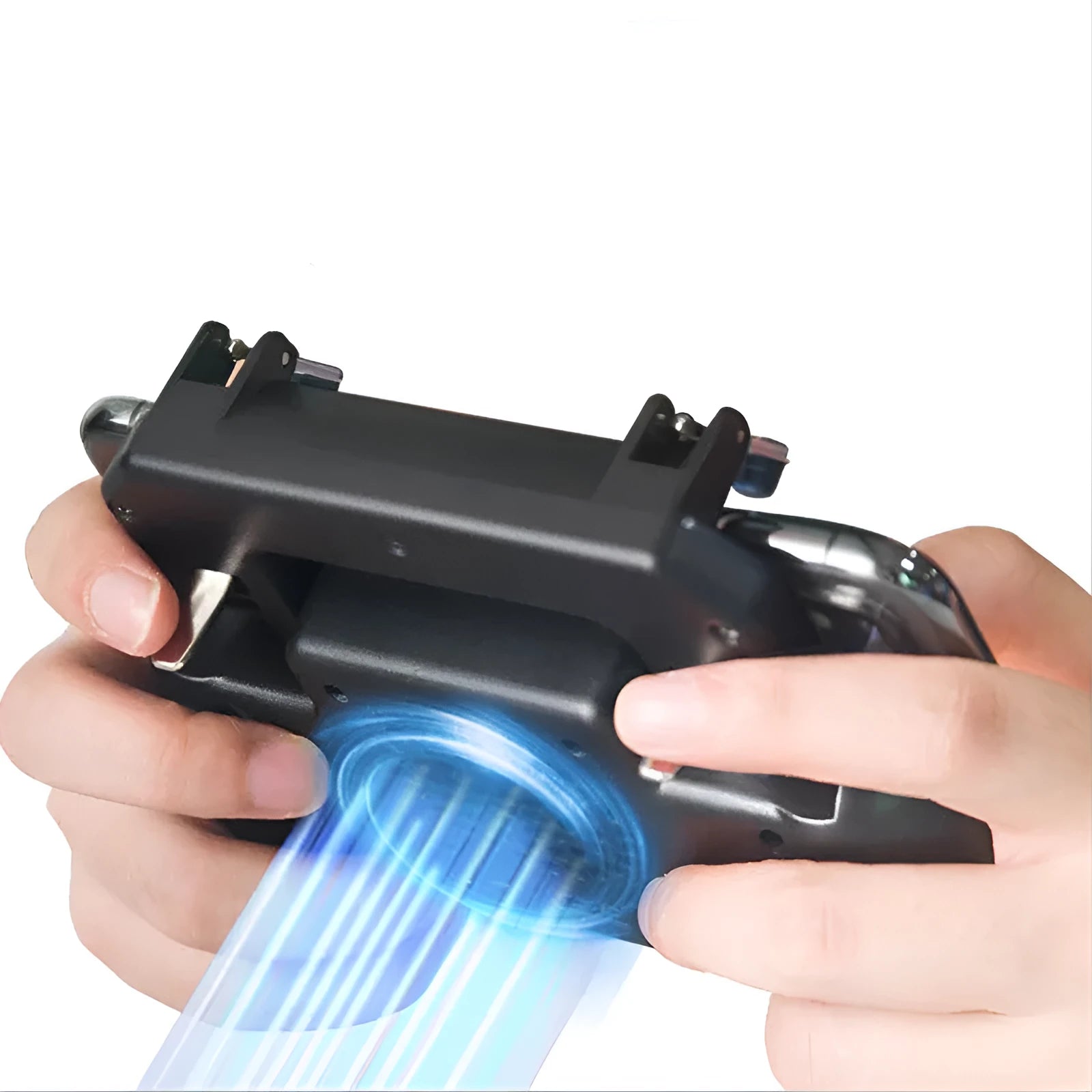 Black USB Type-C mobile game controller for smartphones with grip buttons and cooling vents.