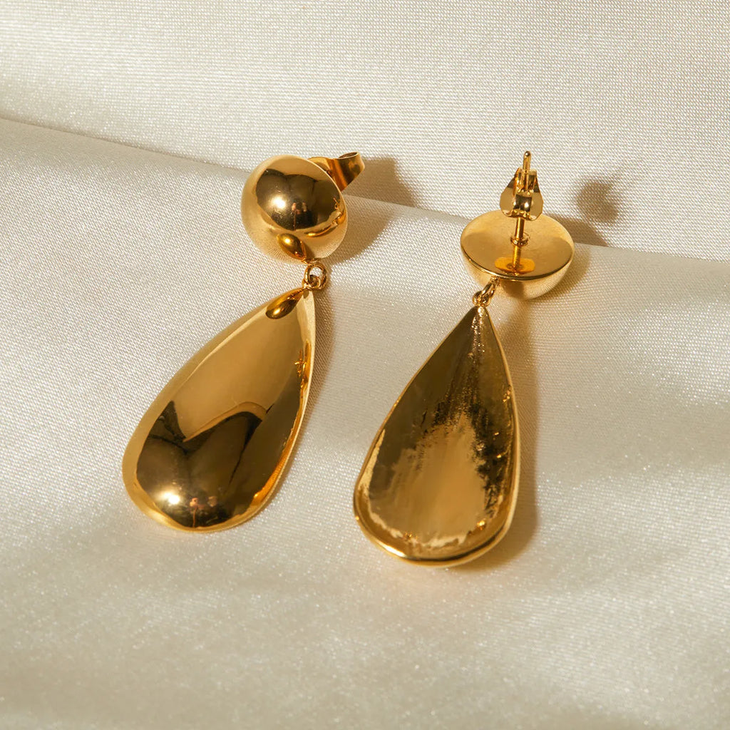 Geometric water drop stainless steel earrings with gold electroplated finish and hemisphere design details