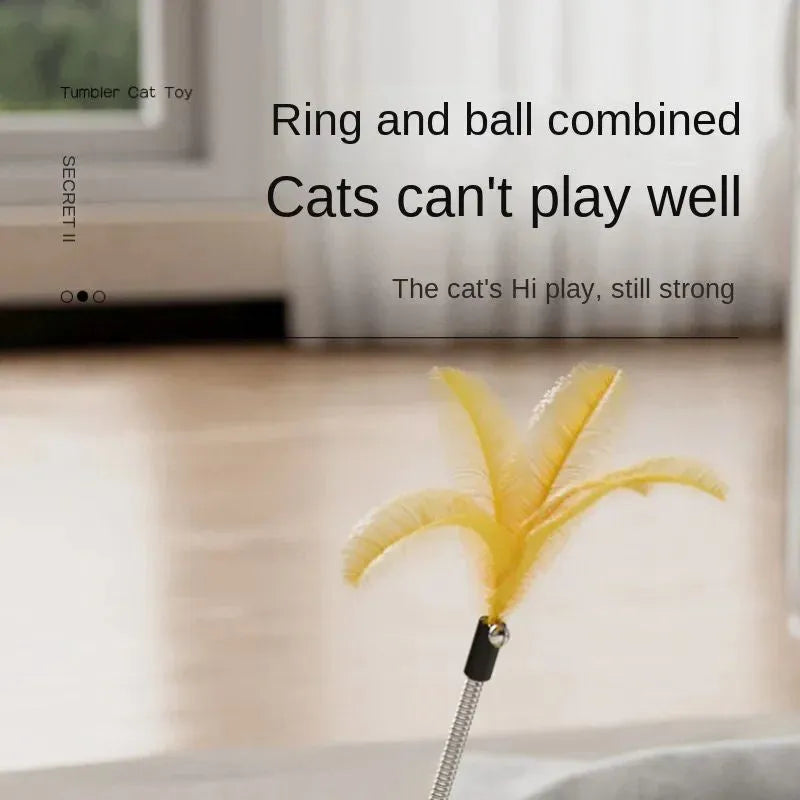 Cat UFO tumbler turntable toy with blue plastic base and feather attachment on a white background, pet entertainment product