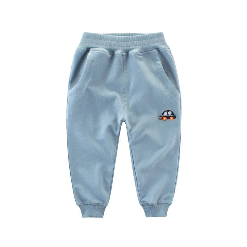 Children's Korean-style sweatpants in blue with cartoon pattern, soft fabric, for boys aged 3-8 years