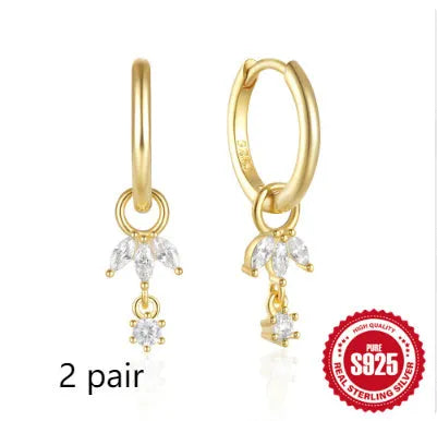 Geometric sunflower earrings in S925 sterling silver with golden three-diamond zircon stones