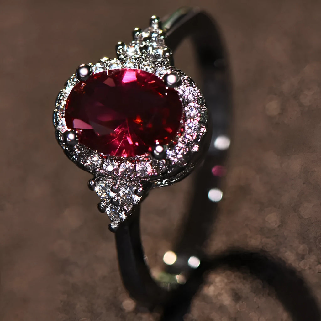 Adjustable open mouth copper ring with oval ruby stone in white gold colour