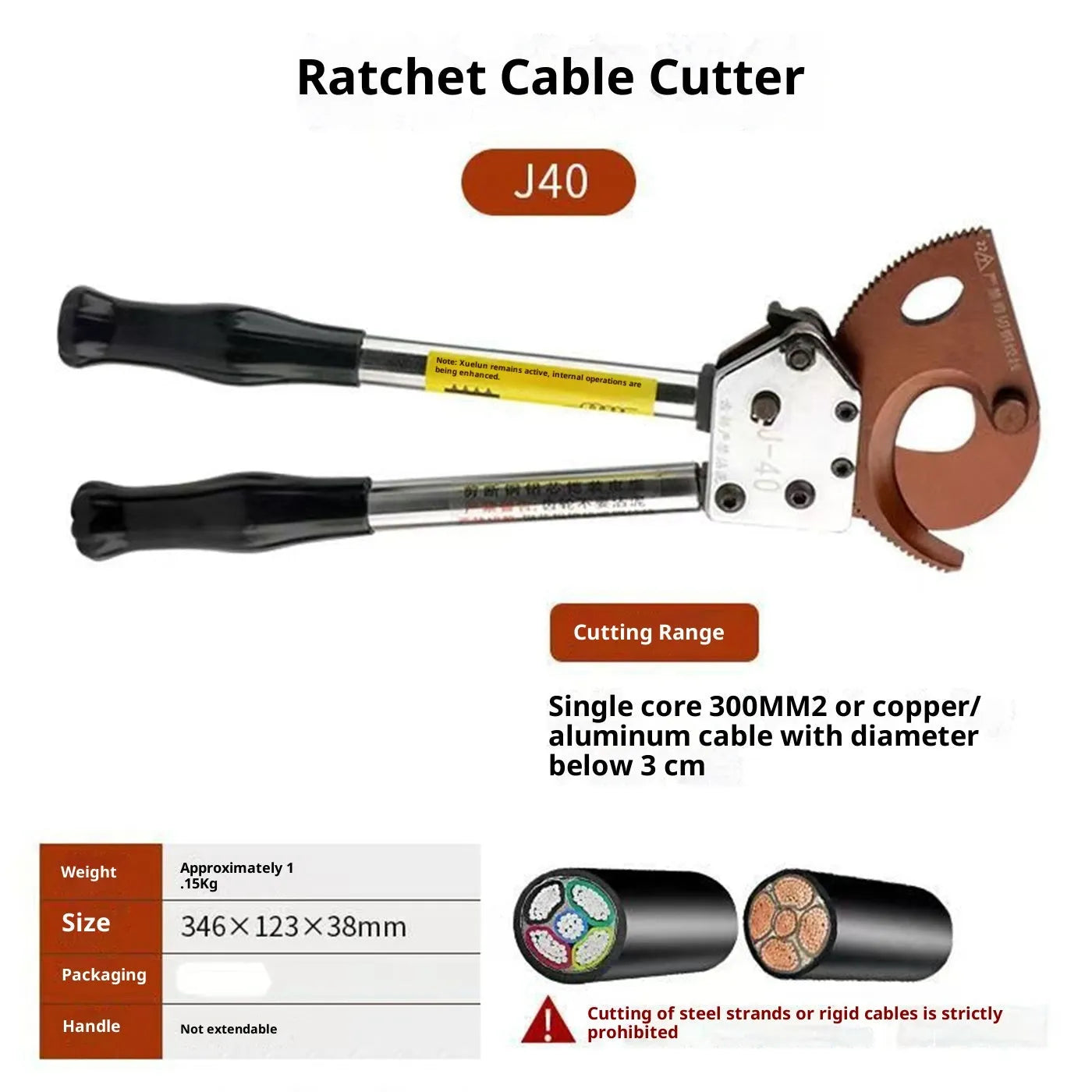 Ratchet-type wire cutter chromium-vanadium alloy steel for cutting cables up to 300 sq mm or 30 mm diameter