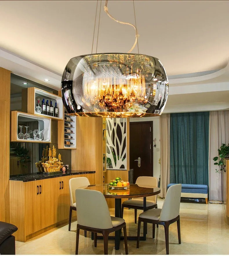 Modern minimalist LED chandelier with smoky gray glass cover, 400mm size, for living room