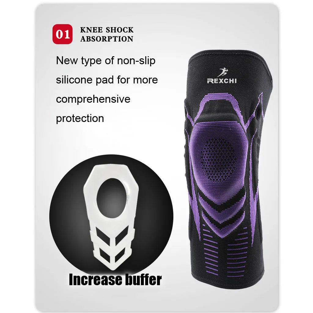 Silicone sports knee pads in black and purple for outdoor fitness with heat feature