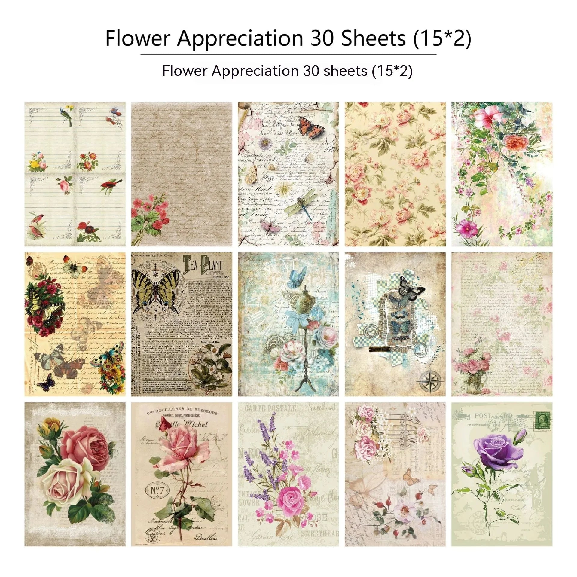 30-piece vintage scrapbook paper set with botanical floral and musical printed designs