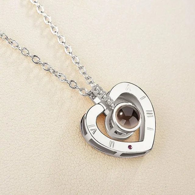 I Love You necklace with zircon pendant in silver, 100 languages design, chain length 40+5 cm