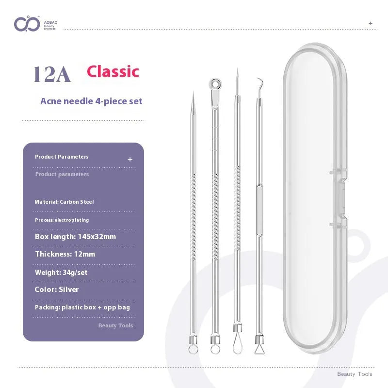 Four-piece silver metal acne needle set with fine-pointed needles and a clip for skin blemish removal.