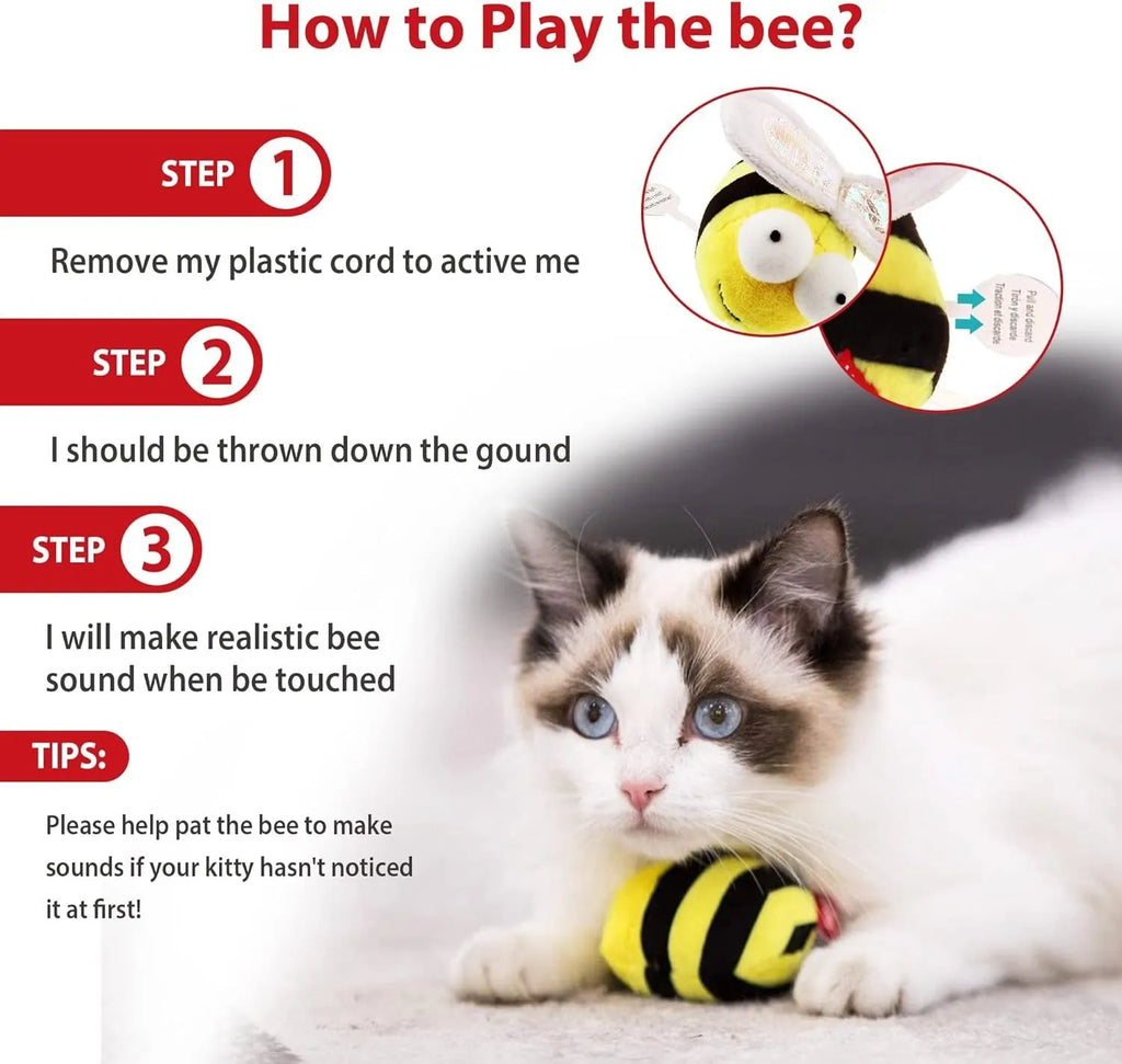 Yellow bee-shaped flannelette cat toy with motion-activated squeaking electronic components