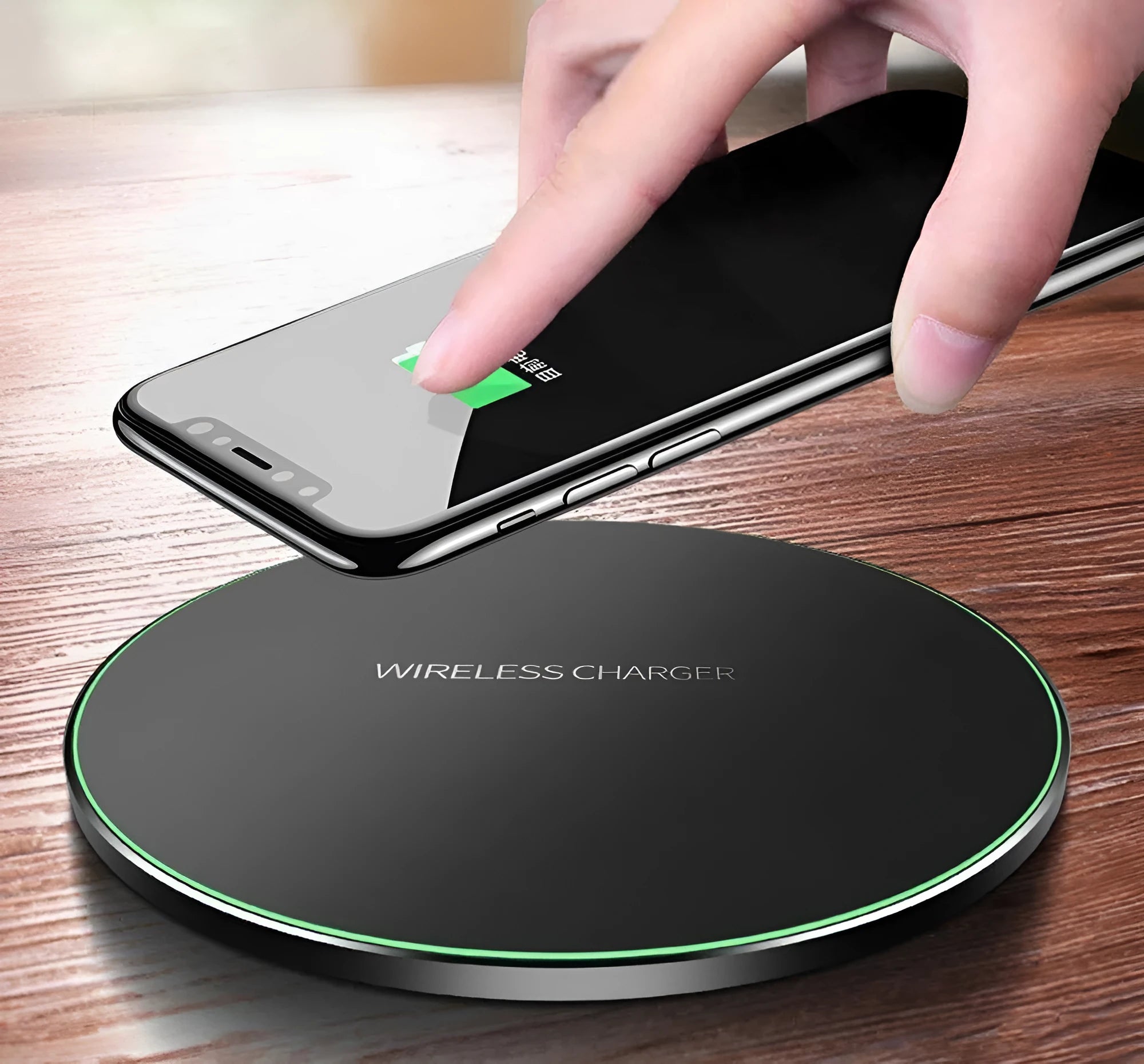 Black square QI wireless charging base measuring 98x98mm with ultra-thin 6.5mm profile