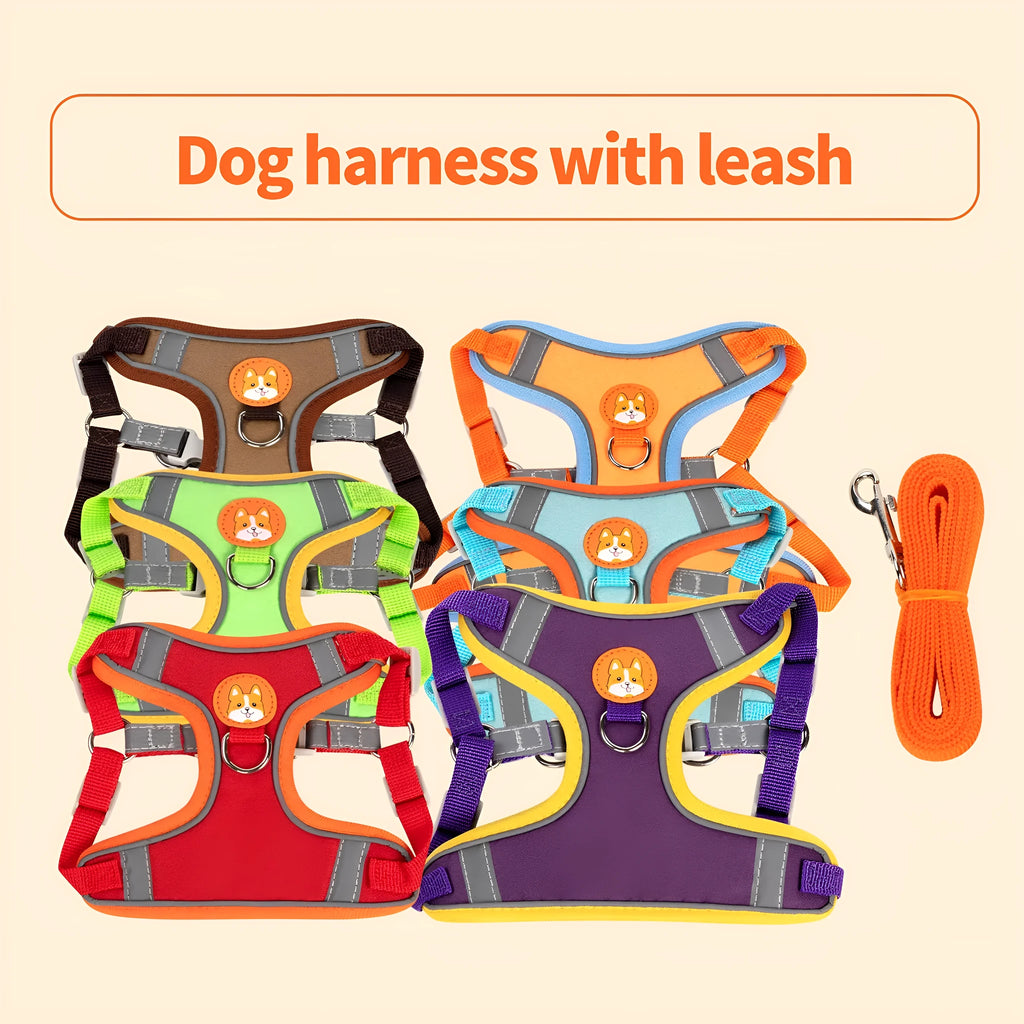 Adjustable dog haulage rope vest harness in blue, brown, green, orange, purple, or red colour