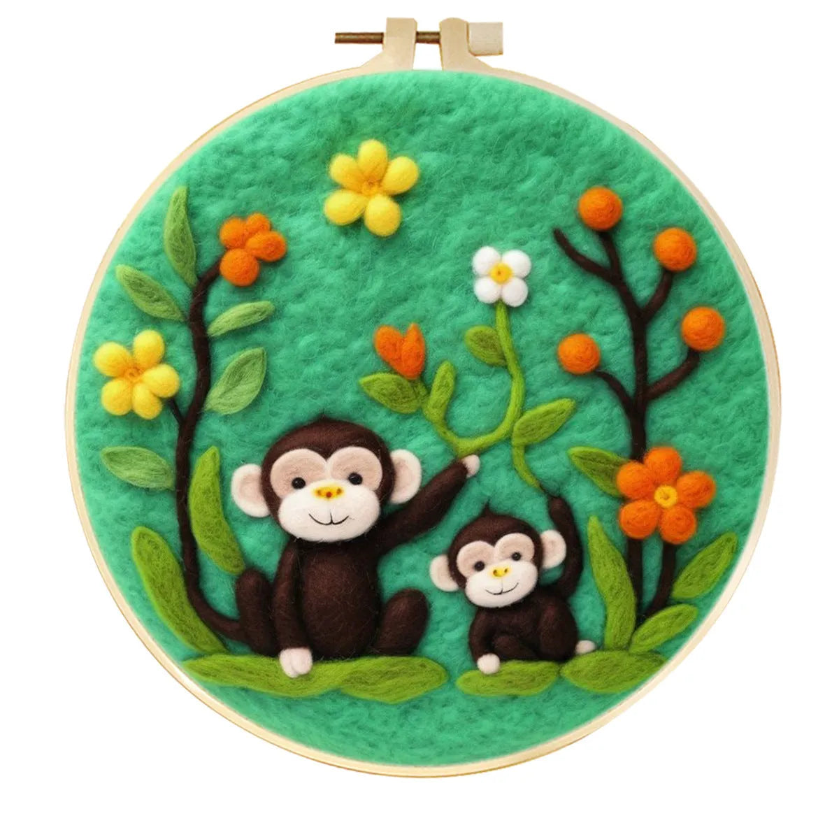 Round 20x20 cm linen embroidery kit with wool felt pieces for floral design and included embroidery frame.