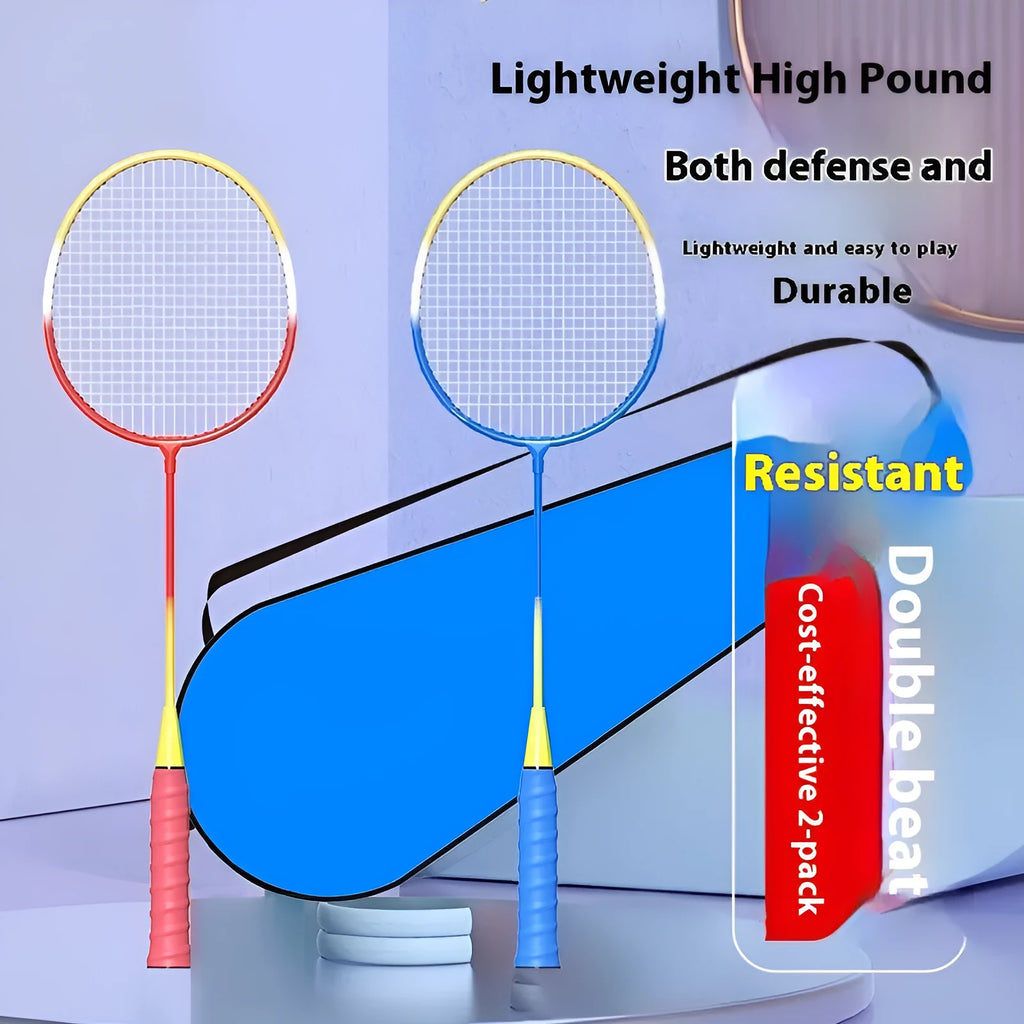 Pair of blue and red alloy ultra-light split badminton rackets for recreational play