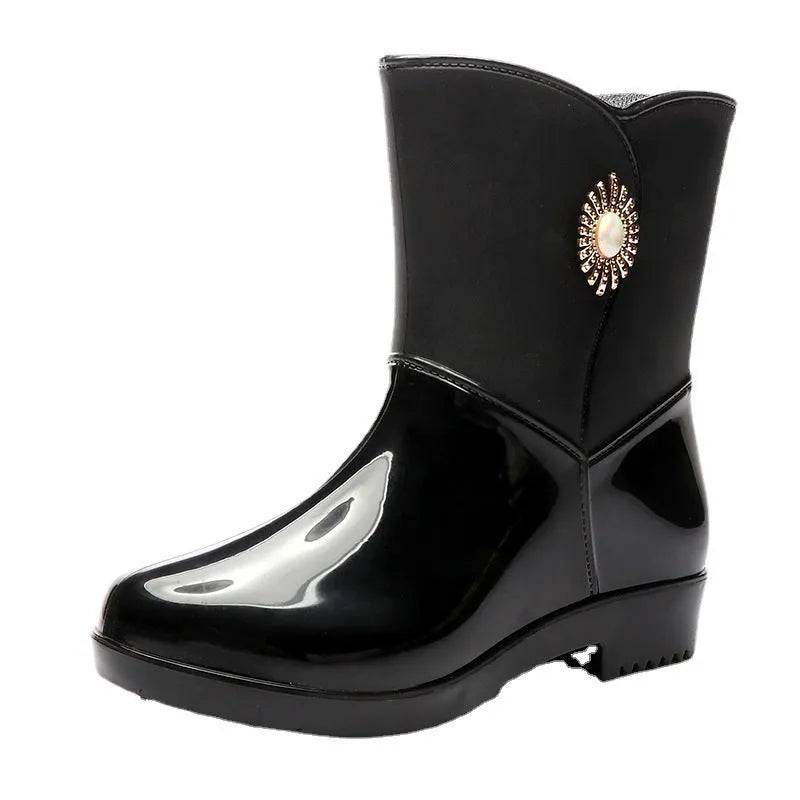 Women's mid-calf rain boot in beige with a non-slip sole and thickened lining.