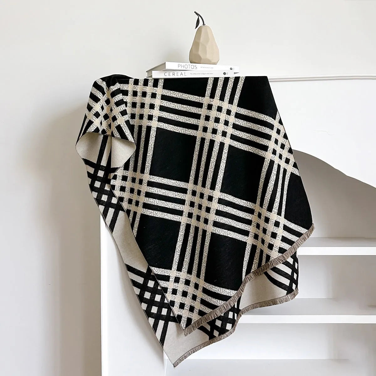 Imitation cashmere scarf with tassels in four colour options on mannequin