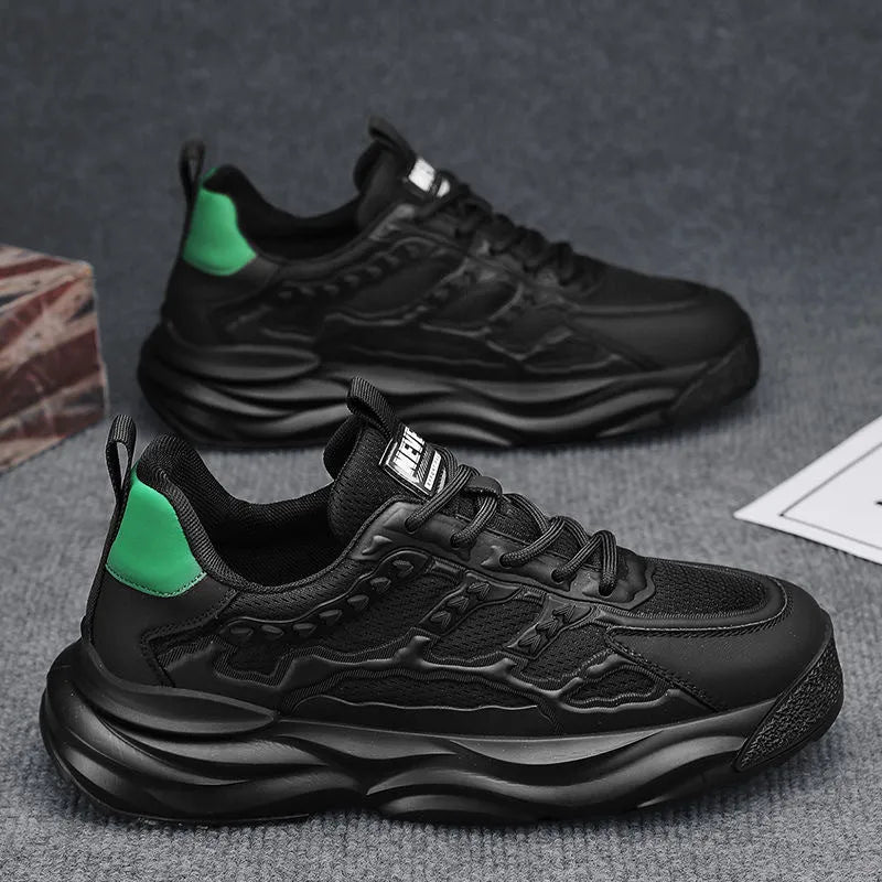 Men's white and black breathable PU mesh casual shoes with round toe, shown in sizes 39-44.