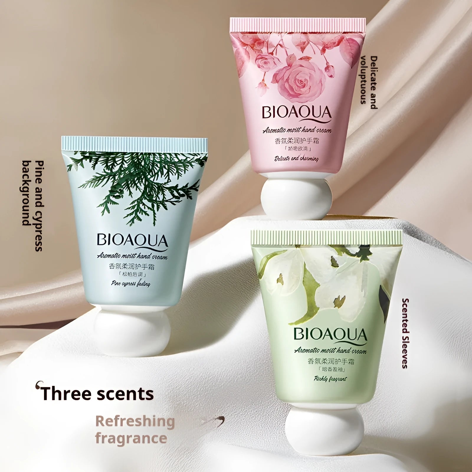 30g fragrance moisturising hand cream tube with three scent options: Dark Fragrant Sleeves, Delicate, and Pine and Cypress