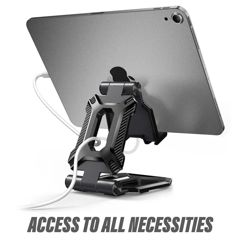 Black adjustable tablet stand folded open displaying an iPad, featuring aluminium body and 270-degree rotation