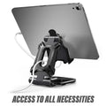 Black adjustable tablet stand folded open displaying an iPad, featuring aluminium body and 270-degree rotation