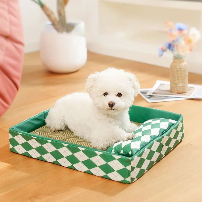 Blue rattan cooling mat cat bed for kittens and adult cats on a wooden floor.