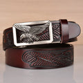 Cowhide leather men's belt with automatic alloy buckle, eagle embossed design, black, bronze finish