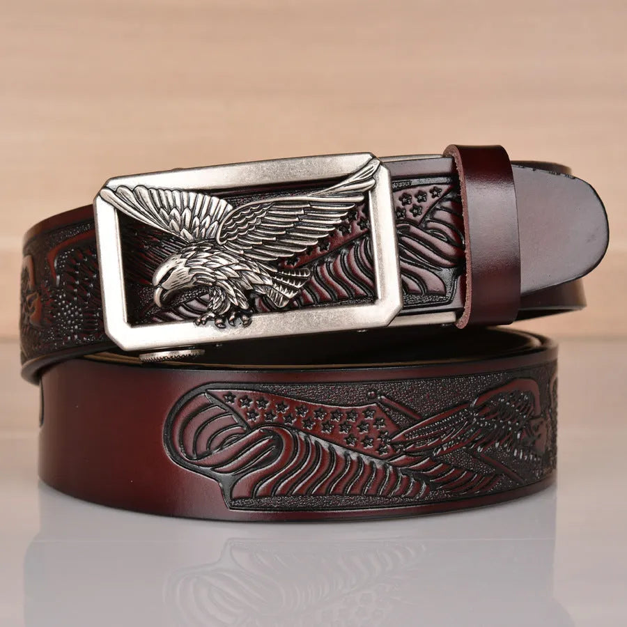 Cowhide leather men's belt with automatic alloy buckle, eagle embossed design, black, bronze finish