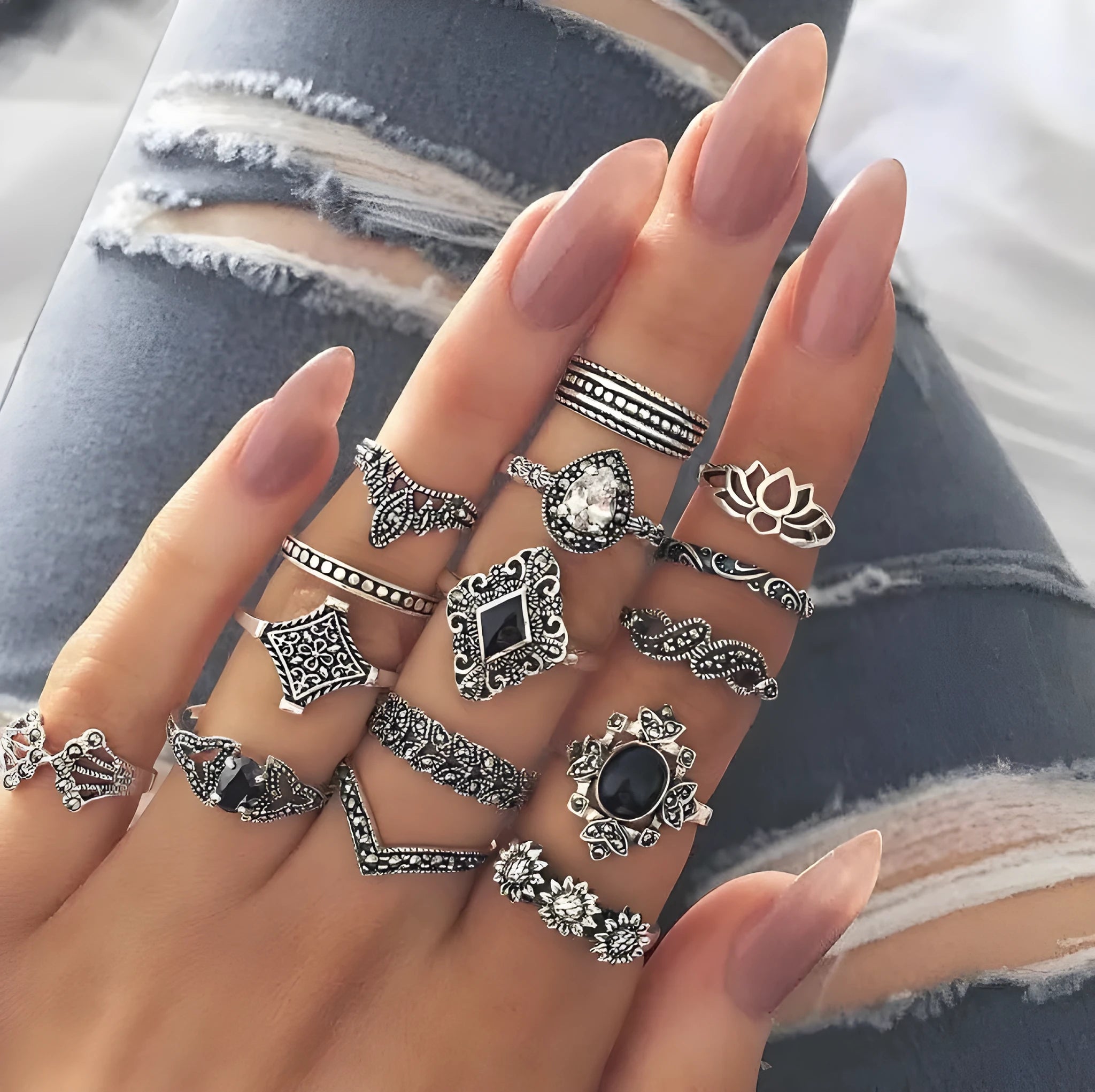 Bohemian retro crystal flower and lotus ring set for women, alloy with gems, silver tone, on display