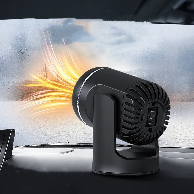 Compact black and white 12v car heater with dual cold/warm settings for vehicle defrosting and cabin comfort