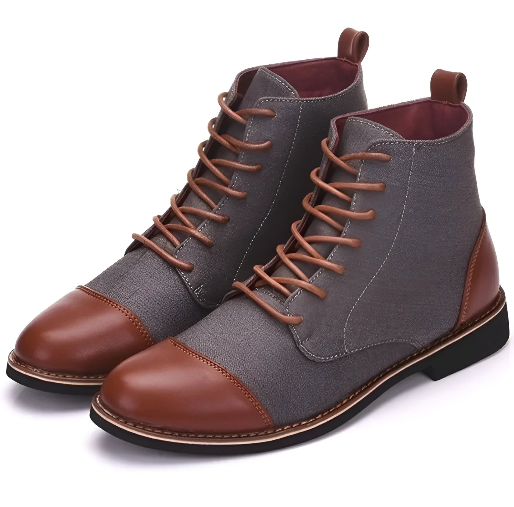 Men's black leather motorcycle boots with a buckle detail and rubber sole