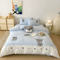 Cute Schnauzer dog cartoon pattern on a light blue thickened cotton quilt cover and matching pillowcases.