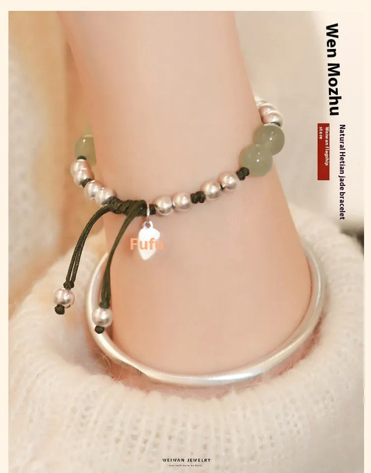 Handmade bamboo bracelet with green Hetian jade beads and 925 silver beads, lotus seedpod design