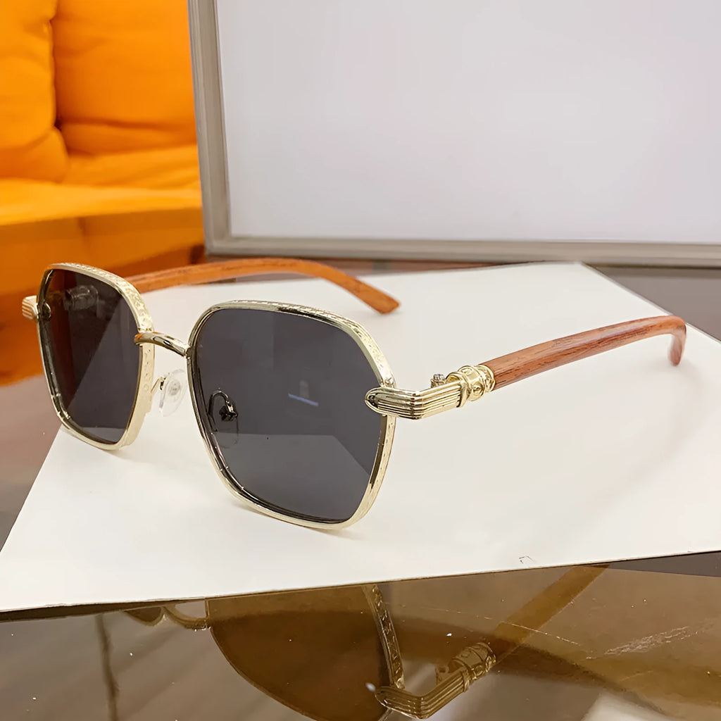 Frameless women's glasses with wood grain pattern and gold alloy frame in double blue colour variation