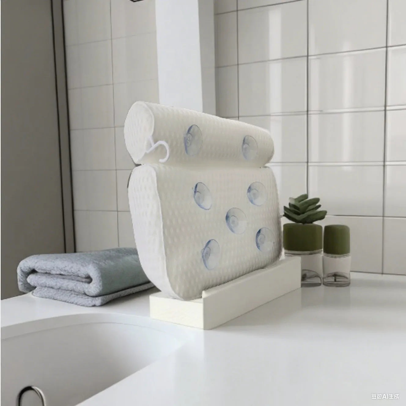 White luxury bathtub pillow with textured 3D material and seven large suction cups on the back.