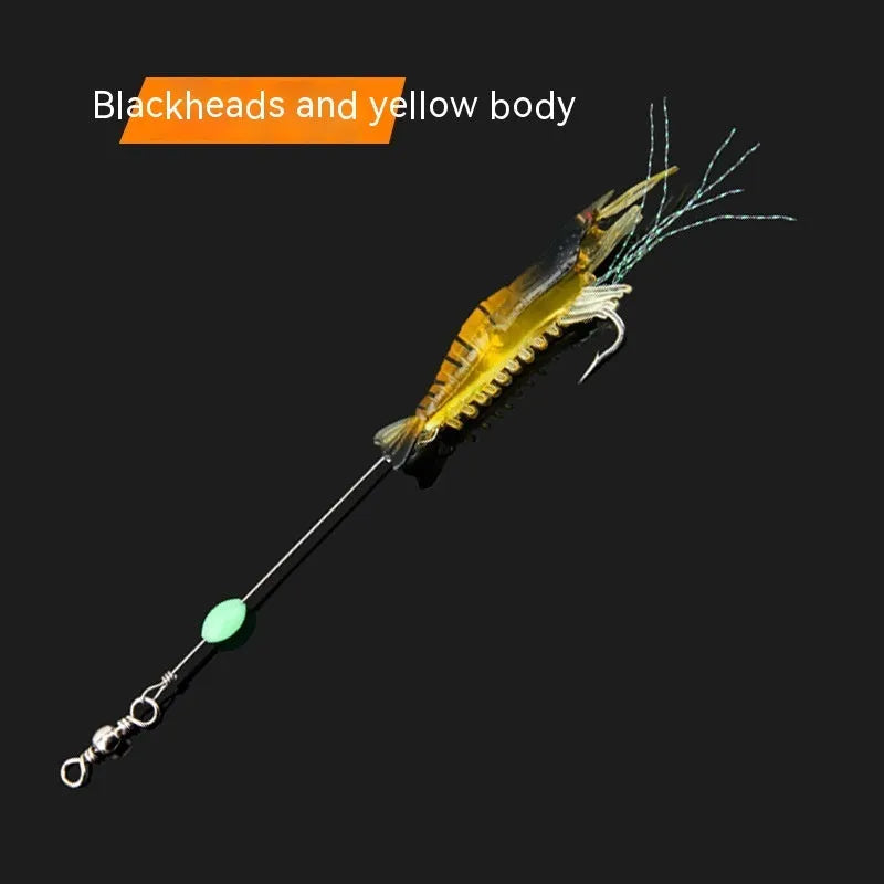 Luer soft fishing lure with metal hook in assorted colours including luminous pink and black head yellow body.