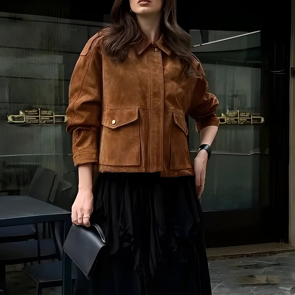 Brown polyester suede coat with regular sleeves on a hanger