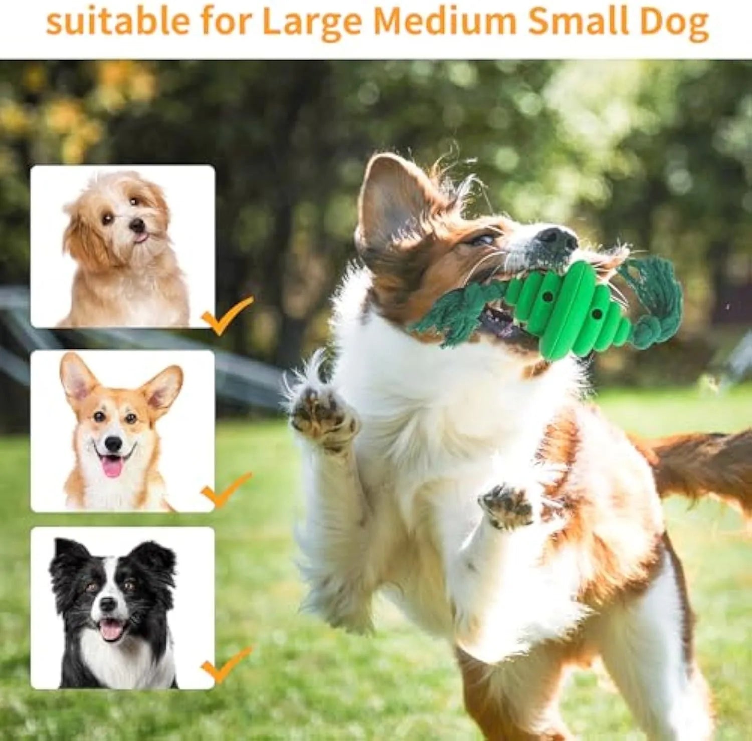 Green and yellow food-dispensing silicone dog ball with an attached rope for tug-of-war.