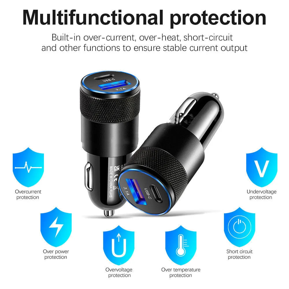 Aluminium alloy mobile phone car charger showing compact 2.5cm by 6cm dimensions