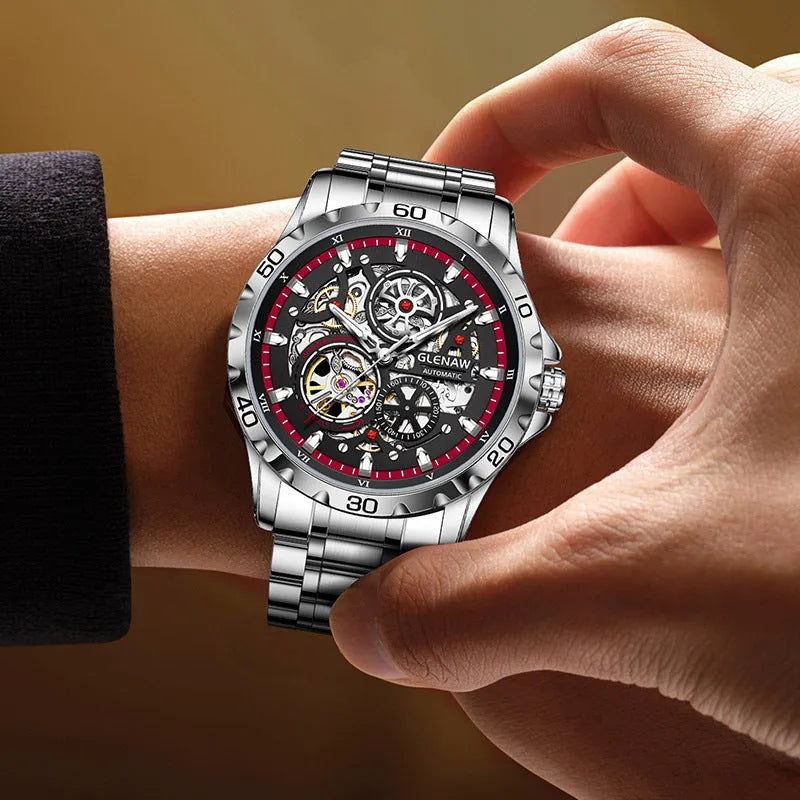 Men's automatic skeleton watch with luminous hands, silver case, and coloured steel bracelet
