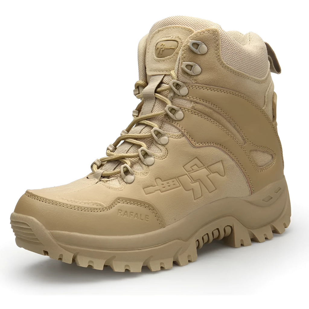 Men's suede military tactical desert boots with rubber sole and front tie in a neutral colour