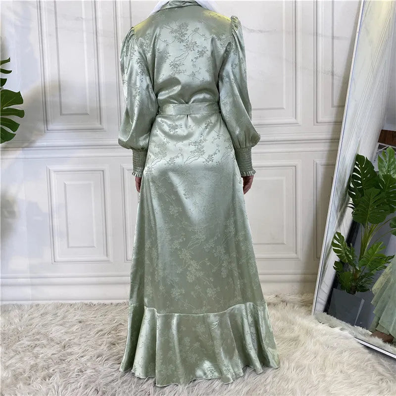 Women's patchwork satin Muslim dress in green with printing pattern and collage stitching