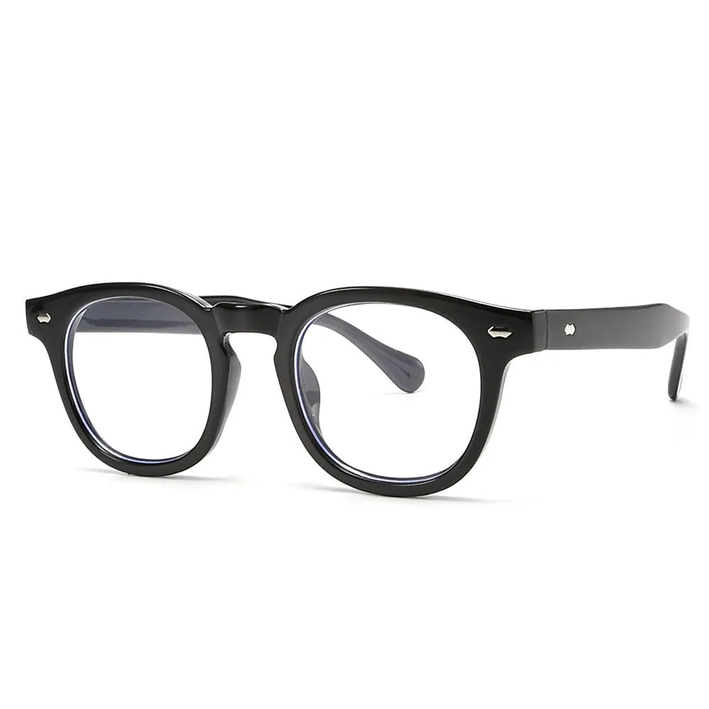 Simple round rim plastic sunglasses shown in a bright black frame with blue lenses on a plain background.