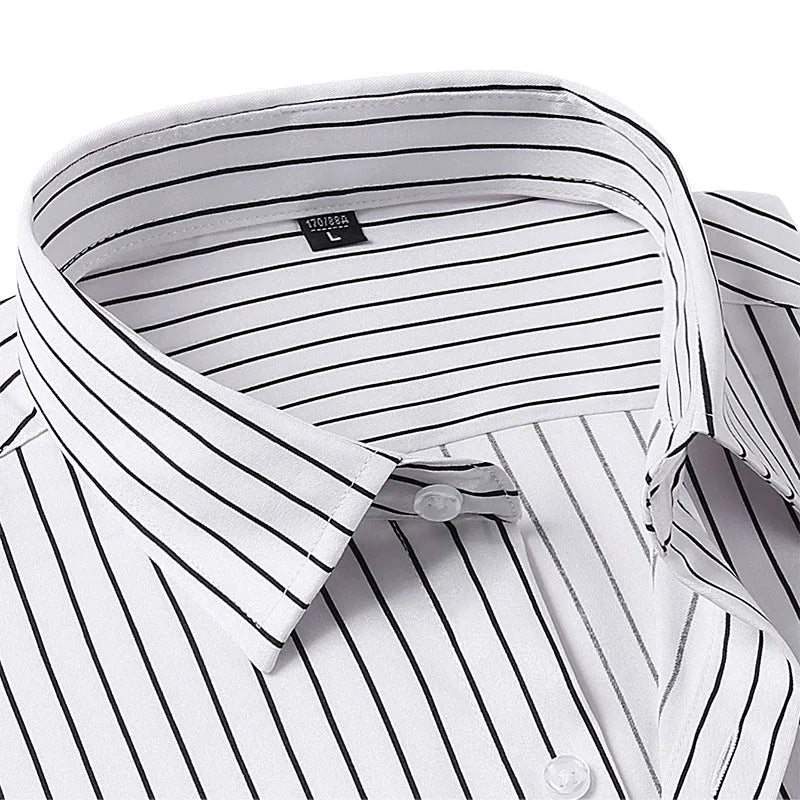 Men's striped long sleeve business shirt in polyester blend fabric with slim fit cardigan styling