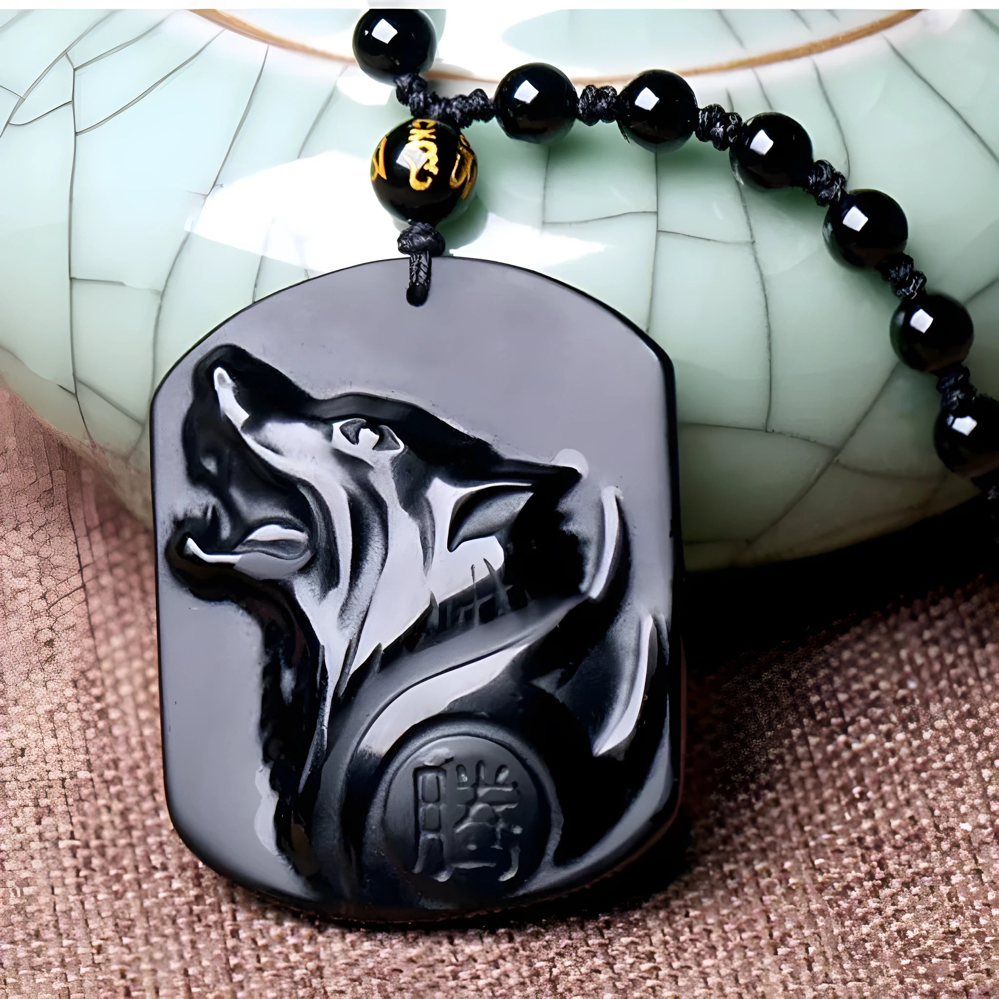Obsidian carving wolf head amulet pendant necklace for men, natural black stone, 49x39x8mm