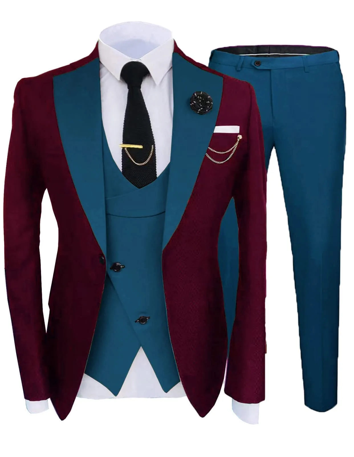 Men's slim fit cotton three-piece wedding suit in dark navy with coat, pants, and vest