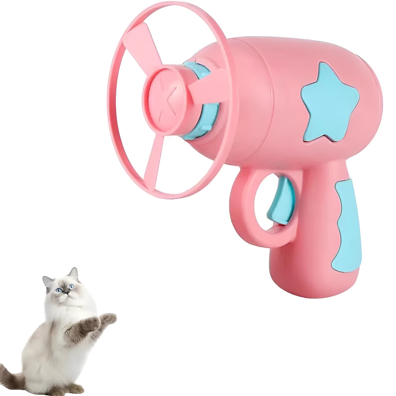 Blue plastic cat toy gun launcher with a mounted orange Frisbee, shown next to a second green Frisbee.