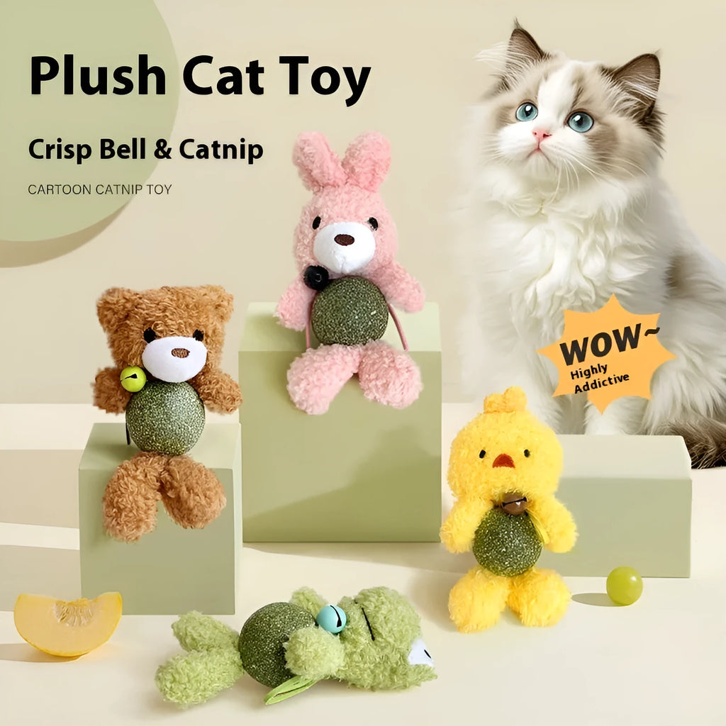 Plush catnip toy shaped like an animal with a bell, shown next to a 4cm mint ball for scale.
