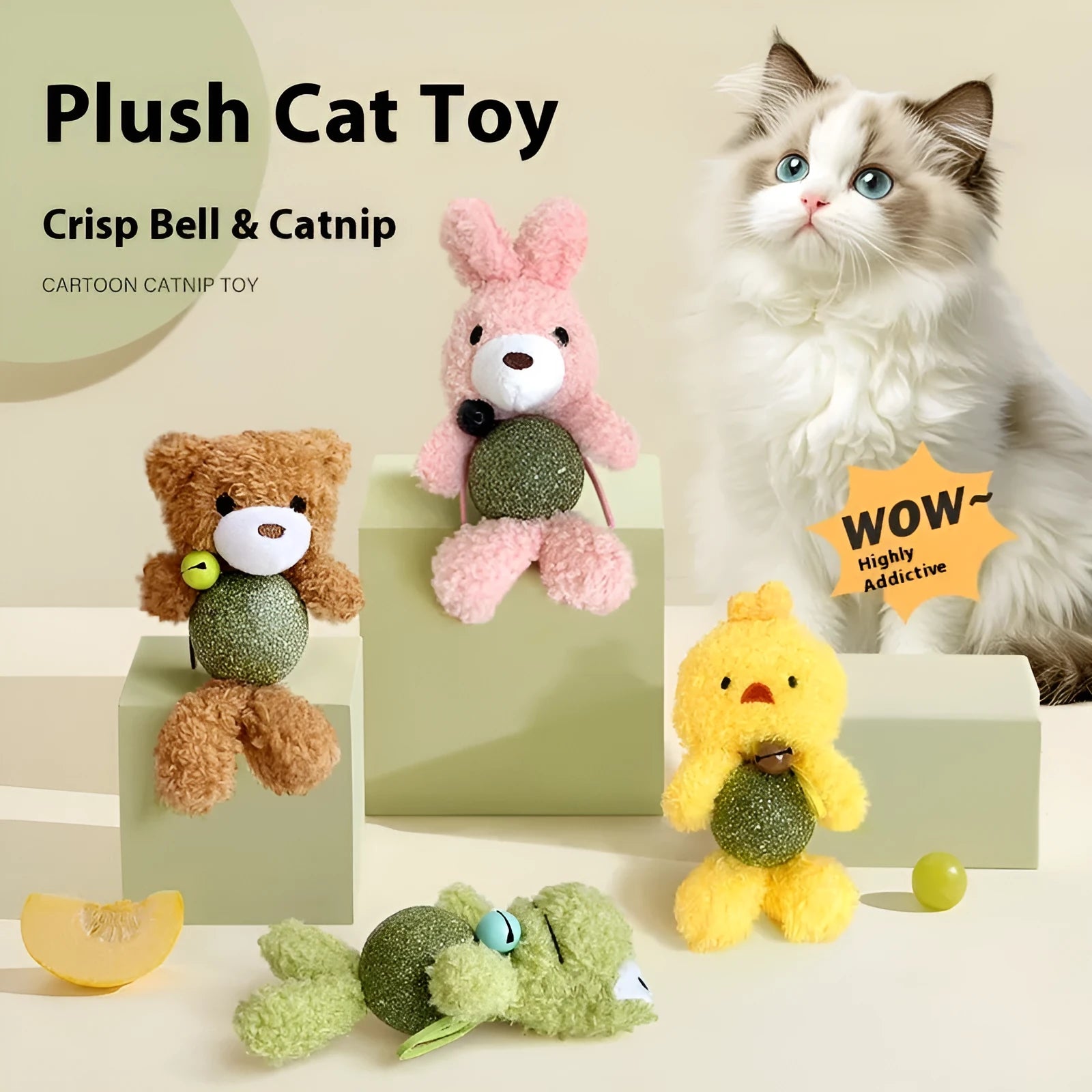 Plush catnip toy shaped like an animal with a bell, shown next to a 4cm mint ball for scale.