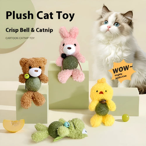 Plush catnip toy shaped like an animal with a bell, shown next to a 4cm mint ball for scale.